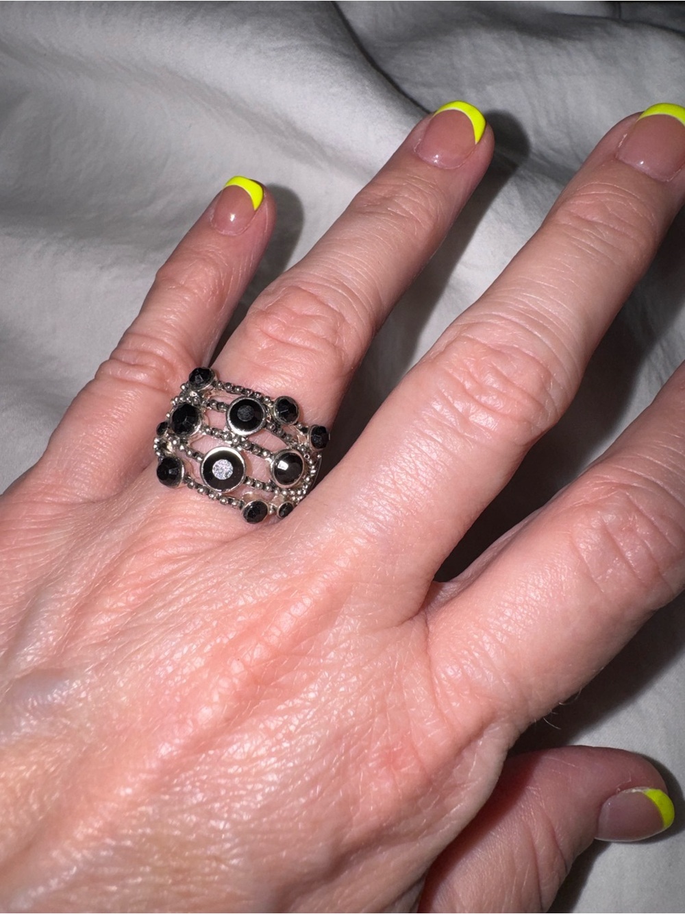 Boutique Silver Tone Multi-Band Black Rhinestone Statement Stretch Ring